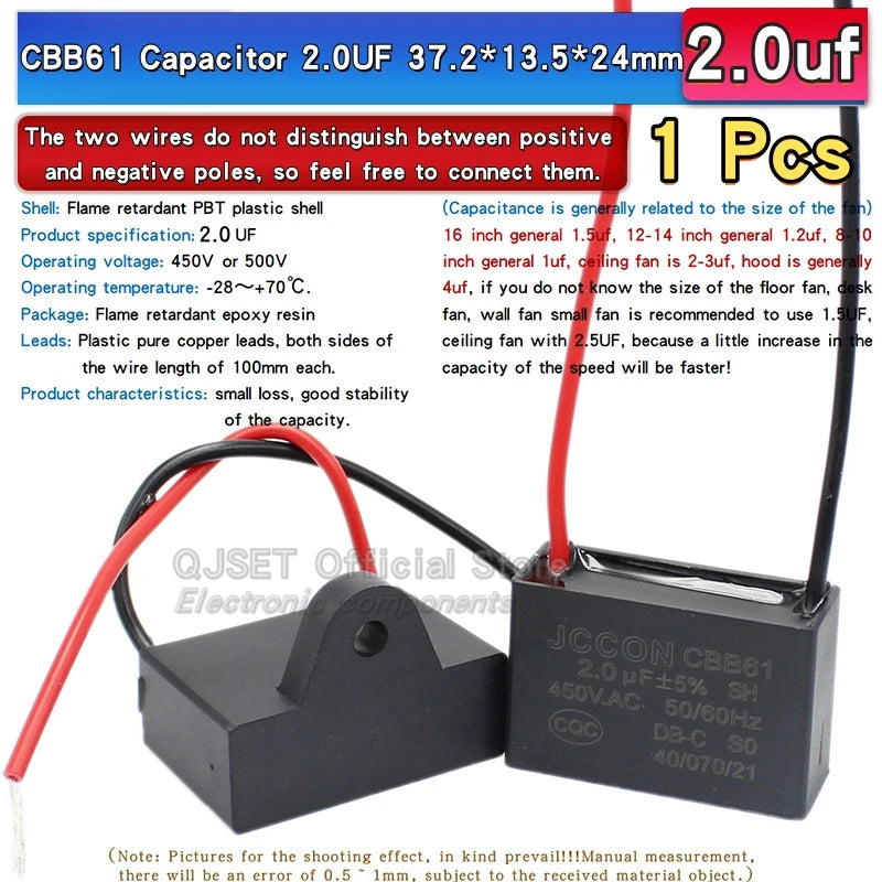 1pcs CBB61 Fan Starting Capacitor 450V 0.8/1/1.2/1.5/2/2.5/3/3.5/4/4.5/5/6/7/8/10/12/15/18/20UF Ceiling Fan Hood Motor Capacitor