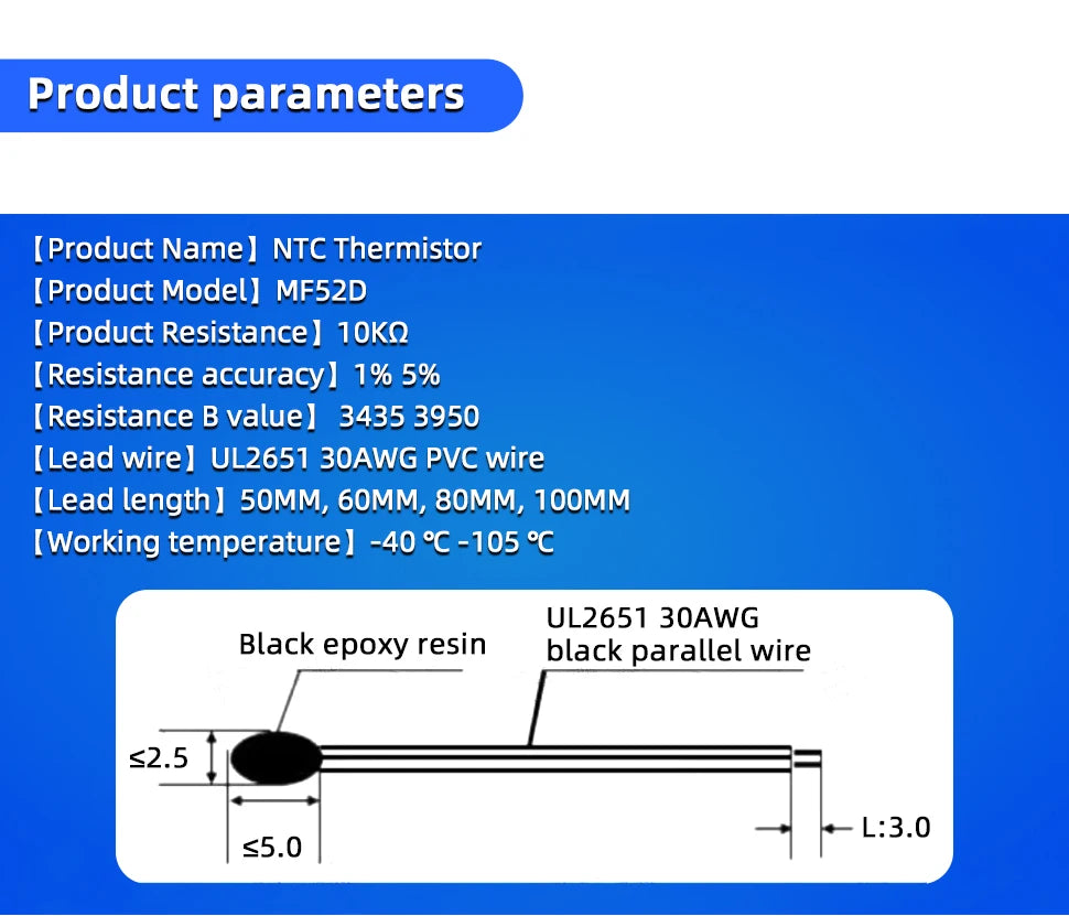 10PCS Thermistor NTC Negative Temperature Coefficient MF52D 10K/100K Probe with Wire Temperature Sensor 3950