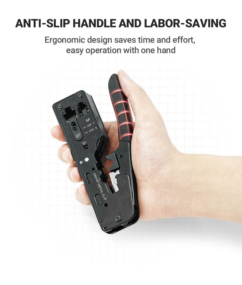 AMPCOM RJ45 Crimper CAT7 Crimping Tool for Pass Through RJ11 RJ45 Connector CAT6 CAT5E Modular Plugs With Wire Stripper Cutter