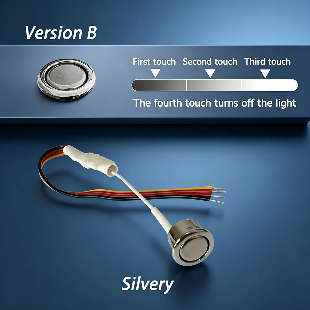12V 24V Touch Switch,Stepless Dimmable/3‑Step Dimmable,10mm Hole,Capacitive Sensor Light Switch for LED Strip,Marine,silvery