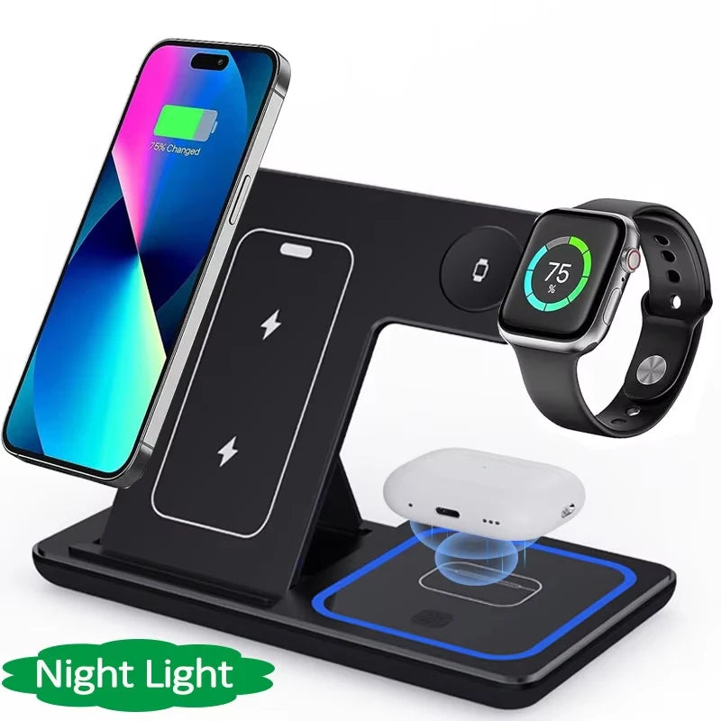 LED Fast Wireless Charger Stand 3 in 1 Foldable Charging Station For iPhone 17 16 15 14 13 12 Apple Watch 9 8 7 6 5 Airpods Pro