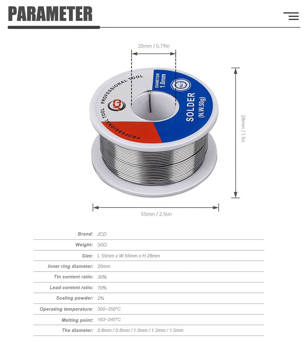 JCD High-Purity Lead-free Solder Wire 50g 0.6mm 0.8mm 1.5mm Household Low-temperature Environmentally Friendly Solder Joint