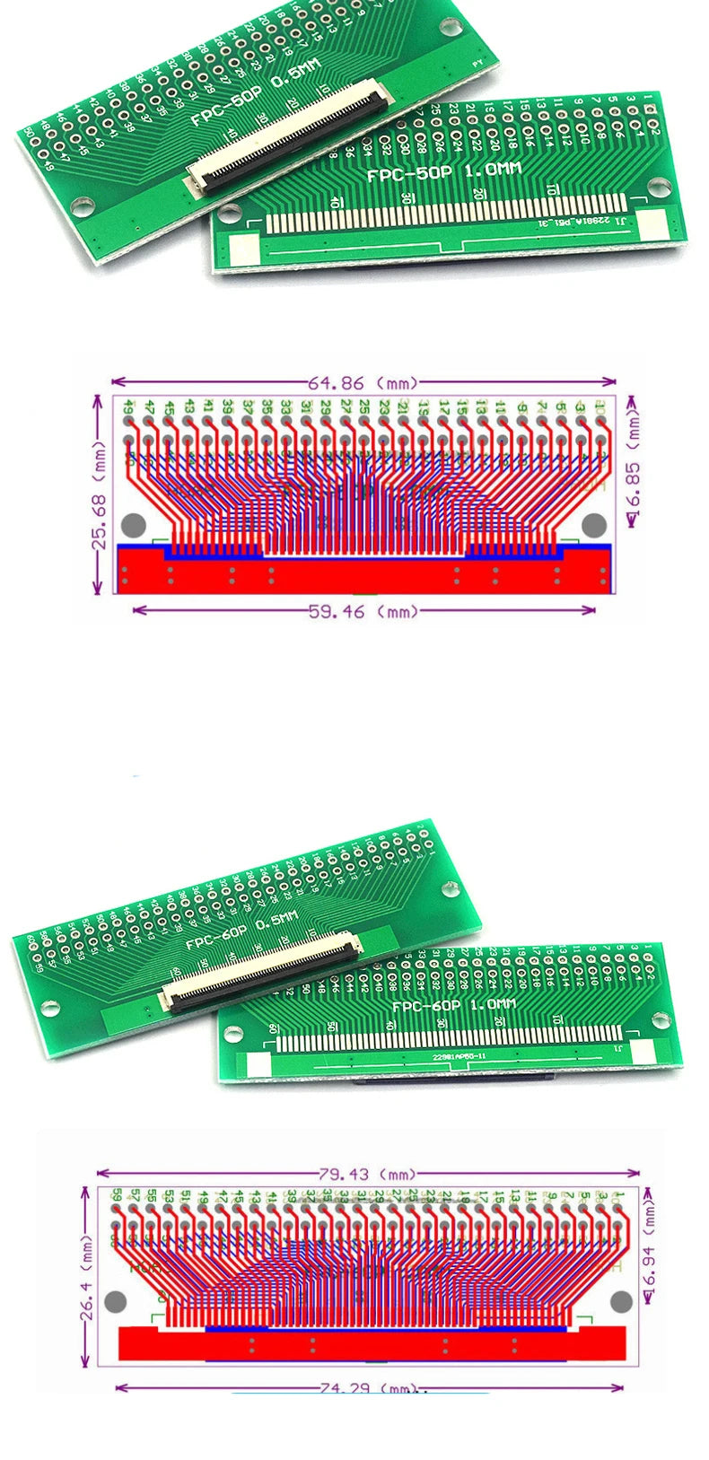 FPC/FFC Adapter Board 0.5/1.0MM to 2.54MM Soldered Connector 4/5/6/8/10/12/14/16/20/26/3040/45/50/60 Pin