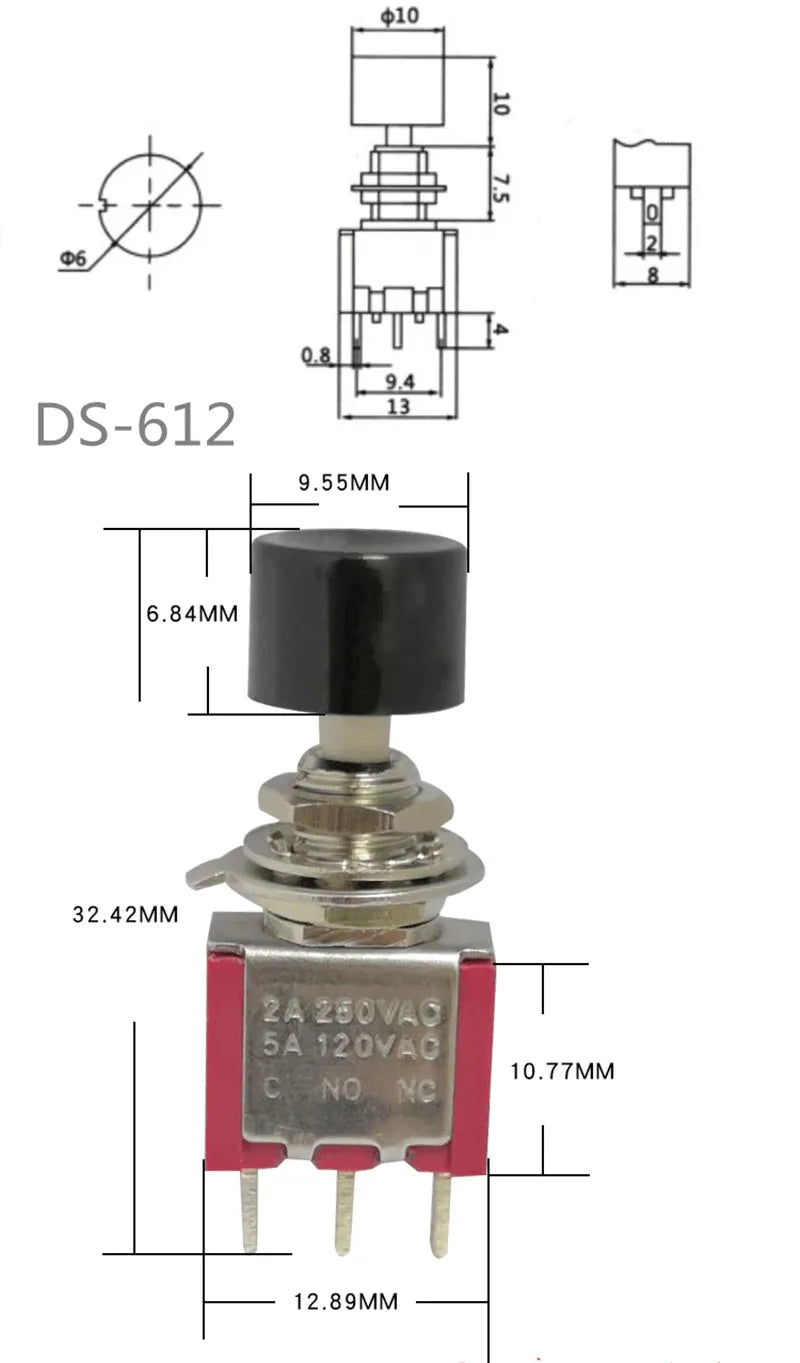 5Pcs PS-102 DS-612 3Pin 6mm Mini Momentary Automatic Return Push Button Switch ON-(ON) 2A 250VAC/5A 120VAC Toggle Switches