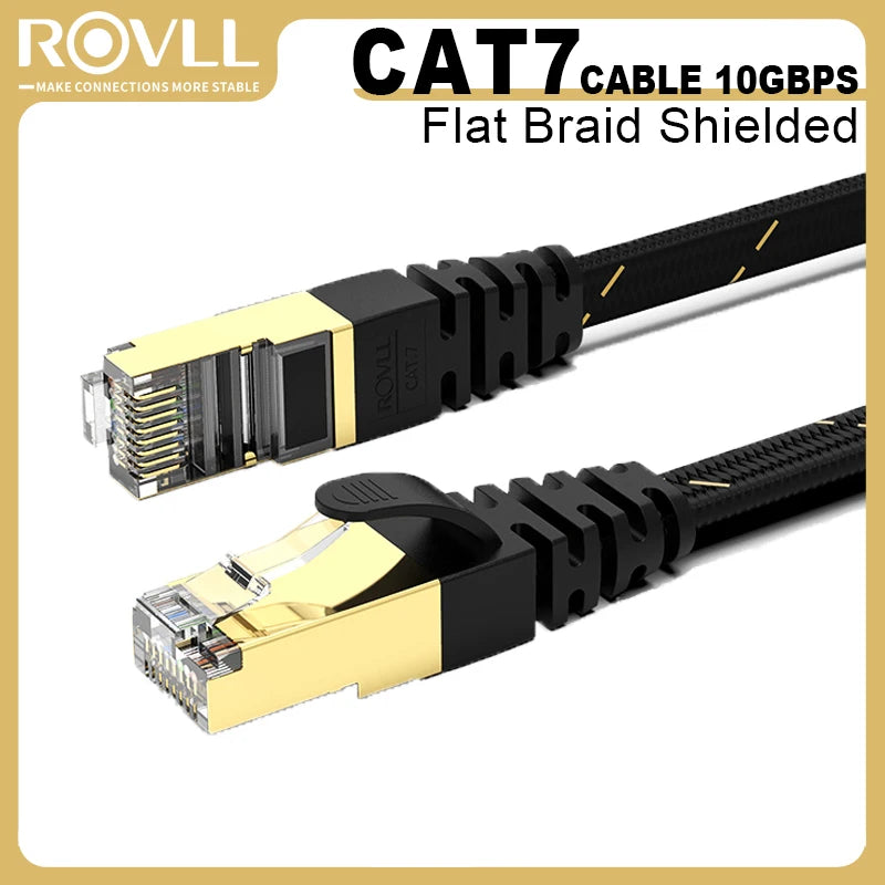 ROVLL CAT7 Ethernet Cable Flat Lan Cable STP Round RJ45 Network Cable Cat 7 Internet Cord 10Gbps Braided Patch Cord