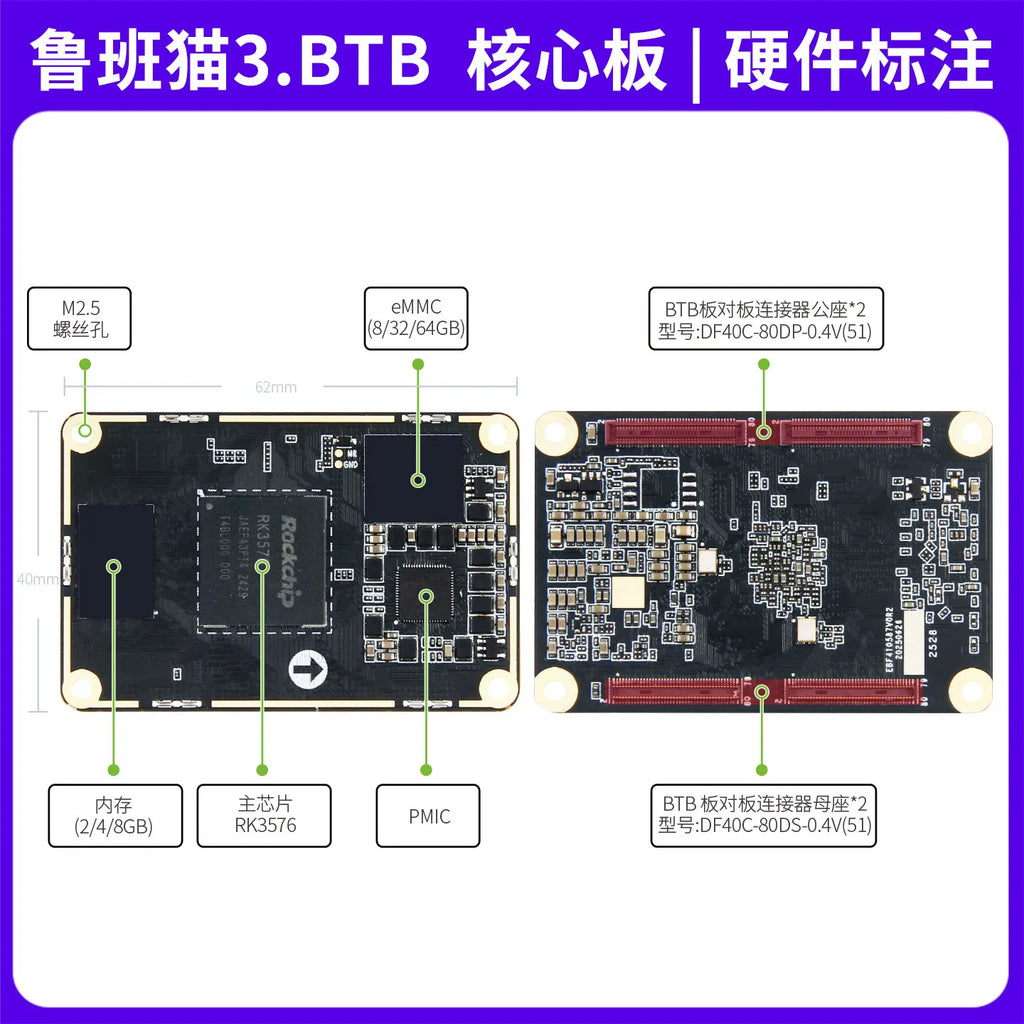 Wildfire Luban Cat 3 Single-Board Computer, Rockchip RK3576 Development Board, Linux & Android AI Board with BTB Connector