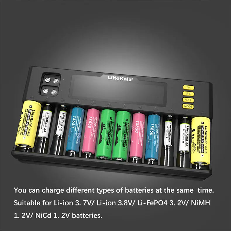 LiitoKala LiI-S12 Smart Charger 14 Slots - CE Certified Universal Charger for Li-ion/LiFePO4/Ni-MH/9V Batteries 18650, 26650, AA