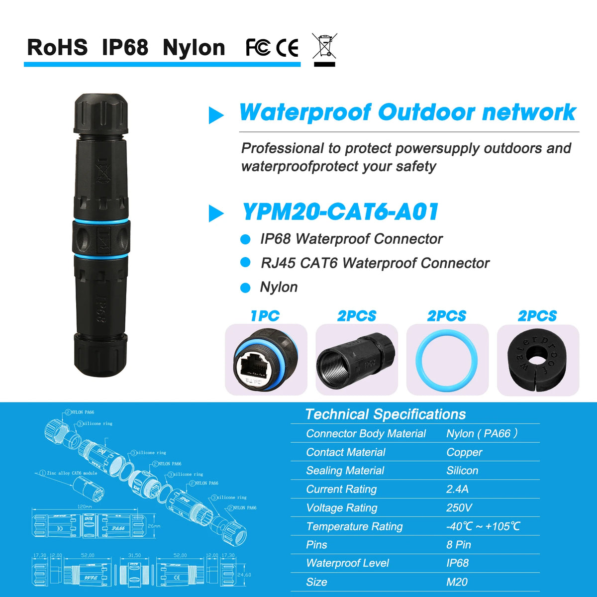YXY New Zinc Alloy Network RJ45 Connector IP68 CAT6 Panel M20 Cable Network High Speed Ethernet Extenders Shield