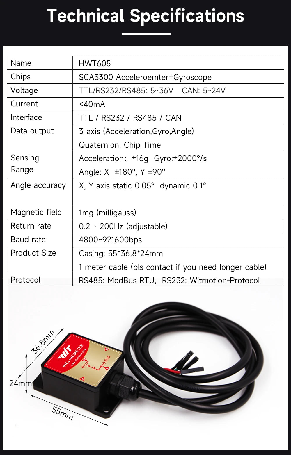 High-Precision Inclinometer HWT605 Accelerometer+Angle+Gyro, MPU9250 IMU, Temperature Compensation, Tilt Angle