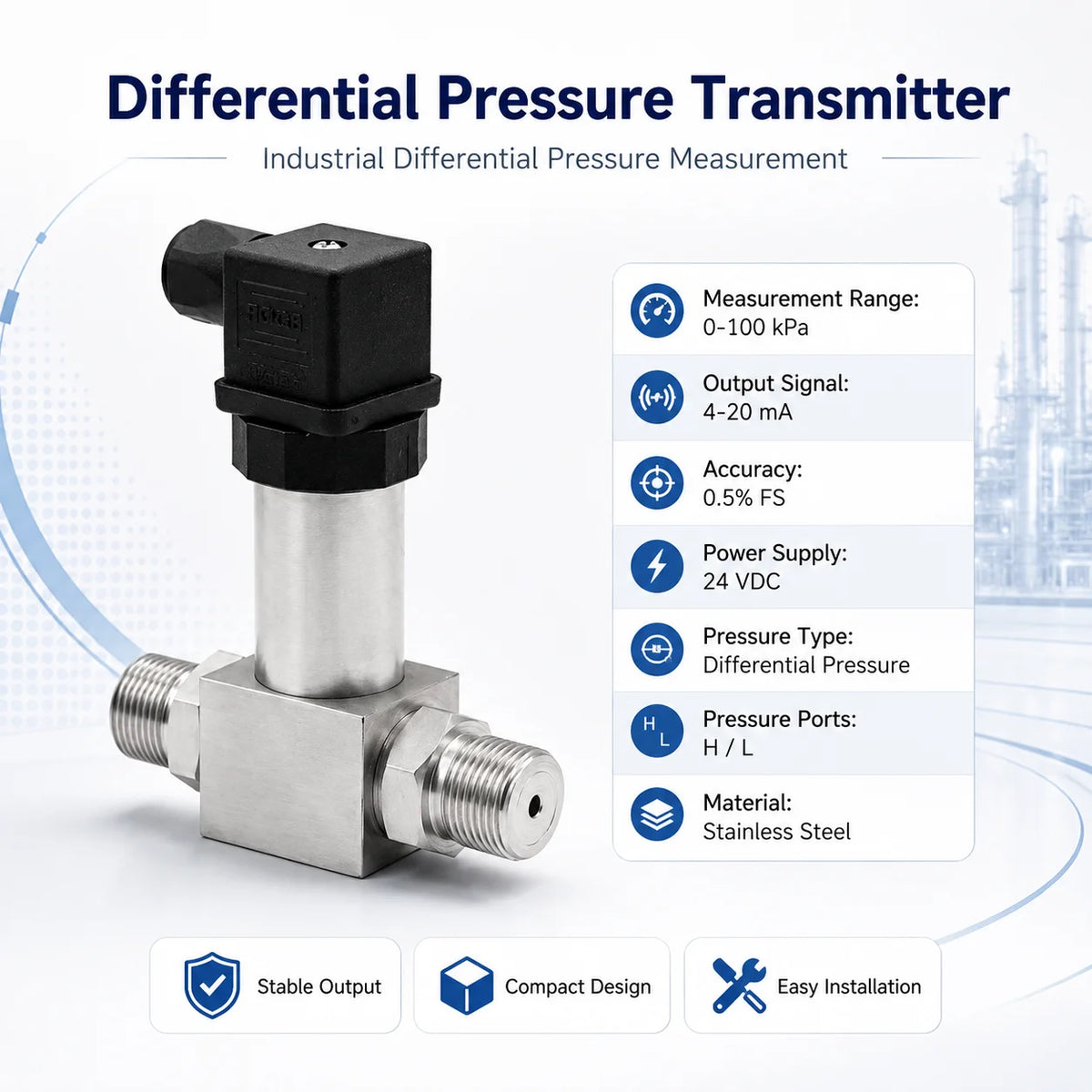 Industrial Differential Pressure Sensor 0-100kPa 4-20mA Stainless Steel Transmitter for Air Gas Water