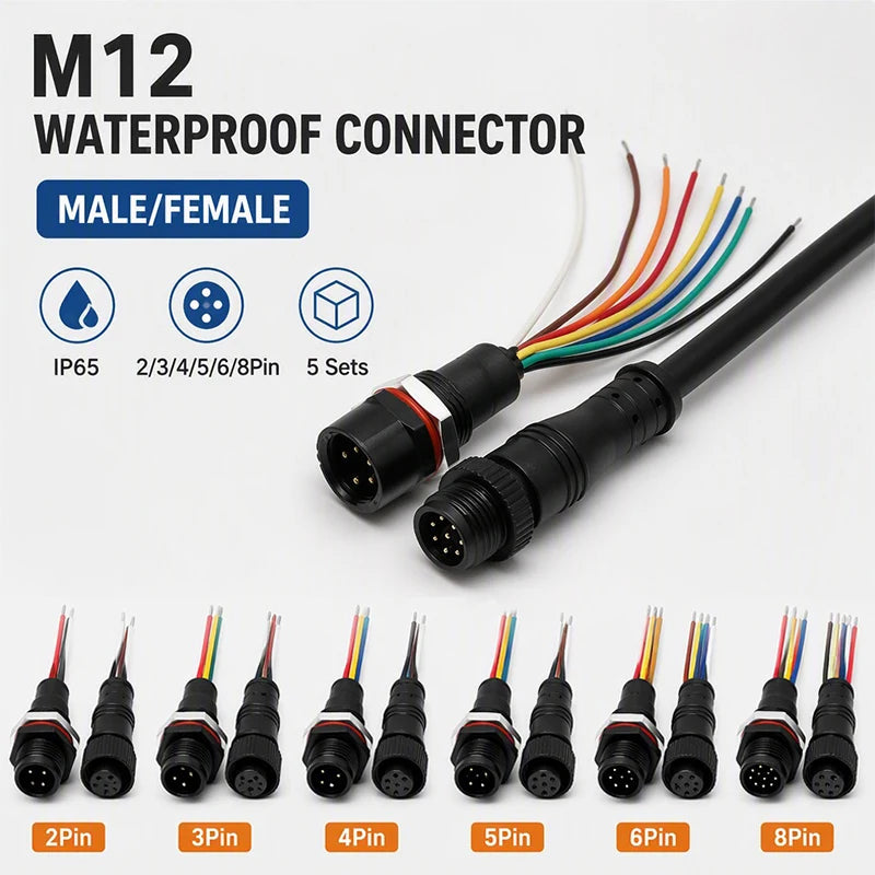 5PCS M12 Waterproof Connector IP65 Metal 2/3/4/5/6/8 Pin Male Female Panel Mount Socket Prewired Cable for  Automation Sensor