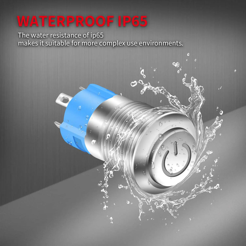 12/16mm Latching Push Button Switch IP65 Waterproof Stainless Steel Self-Locking 1NO 1NC Power Symbol Pattern for Power Applicat