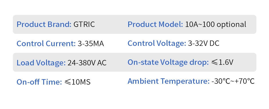 GTRIC SSR Solid State Relay Module 10A 25A 40A 50A 60A 80A 100A DC To AC AC To AC DC To DC 24-380V AC Single Phase Control Relay