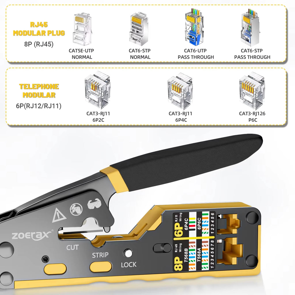 ZoeRax Pass Through RJ45 Crimp Kit Cat5e/Cat6 Crimper with 10PCS 8P8C Cat5e/Cat6 Connectors POE LAN Tester for RJ45 RJ11 Wiring