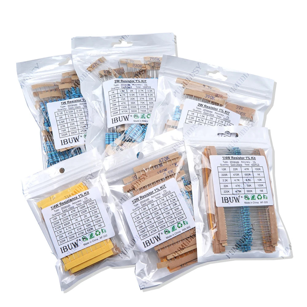 300PCS/Set 30 Kinds 1/4W 1/2W 1W 2W 3W Resistance 1% Metal Film Resistor Pack Assorted Kit 0.1R-750R 1K-820K Resistor 150PCS/Set