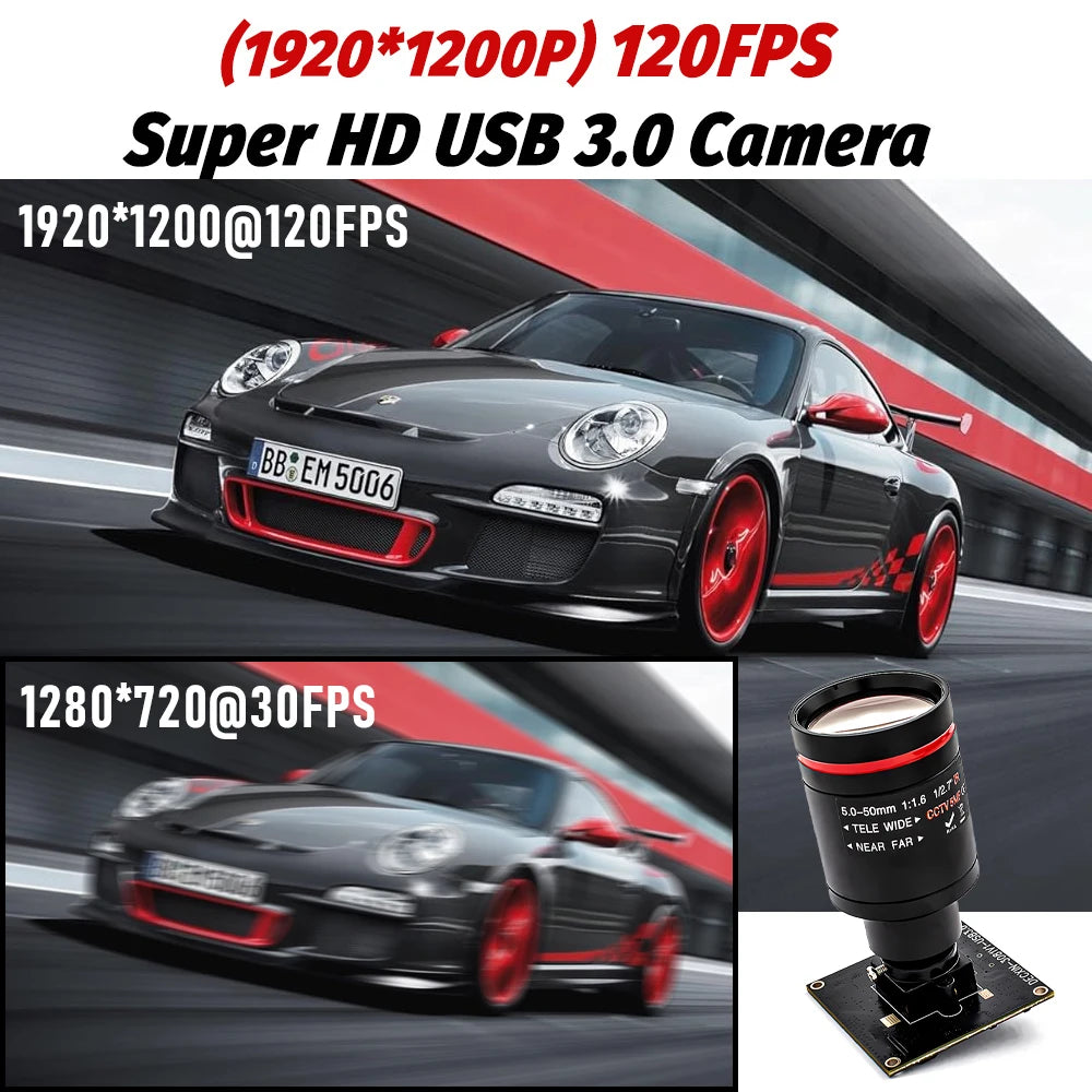 Global Shutter USB3.0 Camera 2.3MP 120FPS Plug And Play M12 Varifocal Lens 10X Zoom Video Camera for Machine Vision Live Stream