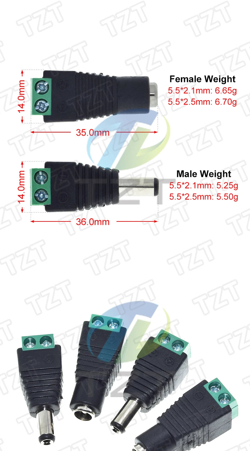 5.5MM x 2.1MM / 2.5MM Female Male DC Power Plug Adapter for 5050 3528 5060 Single Color LED Strip and CCTV Cameras