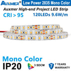 Auxmer Low Power 2835 LED Strip,Mono Color,120LEDs/m 240LEDs/m,CRI＞95/90,3SDCM,Super Bright Flex LED DC12/24V,5m/reel,IP20