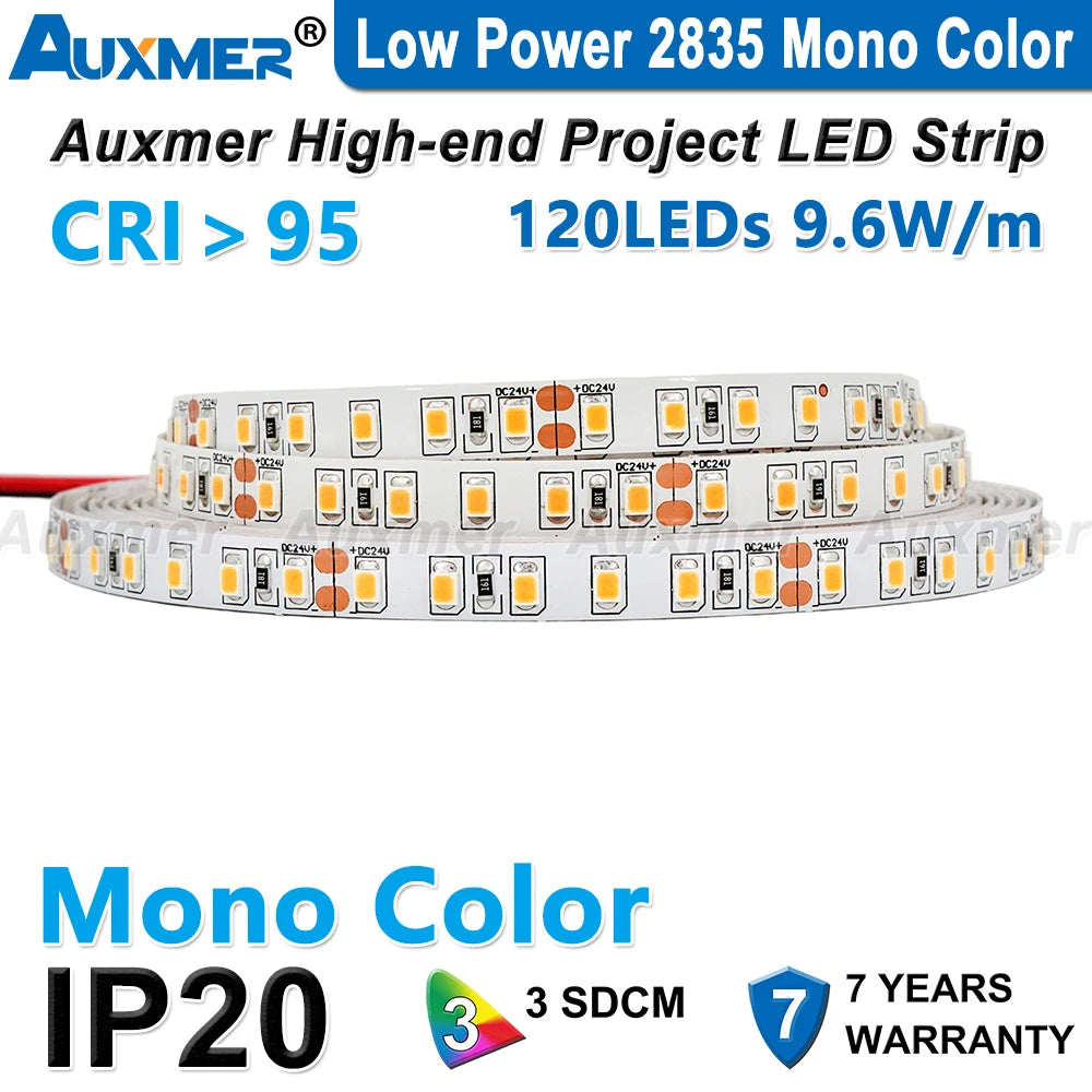 Auxmer Low Power 2835 LED Strip,Mono Color,120LEDs/m 240LEDs/m,CRI＞95/90,3SDCM,Super Bright Flex LED DC12/24V,5m/reel,IP20