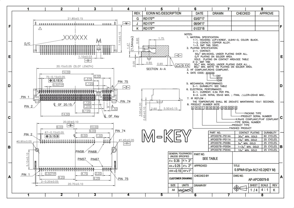 2PCS M.2 NGFF Connector 67Pin SSD Interface Socket H=3.2/4.2/4.8/6.7/8.5mm for Solid State Drive Adapter