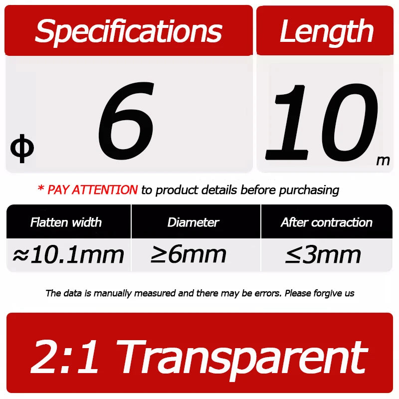 10 Meter/Lot Heat Shrink Tube 2:1 Clear Transparent Tubing Shrinkable Wrap 1mm - 60mm Cable Sleeve Wire