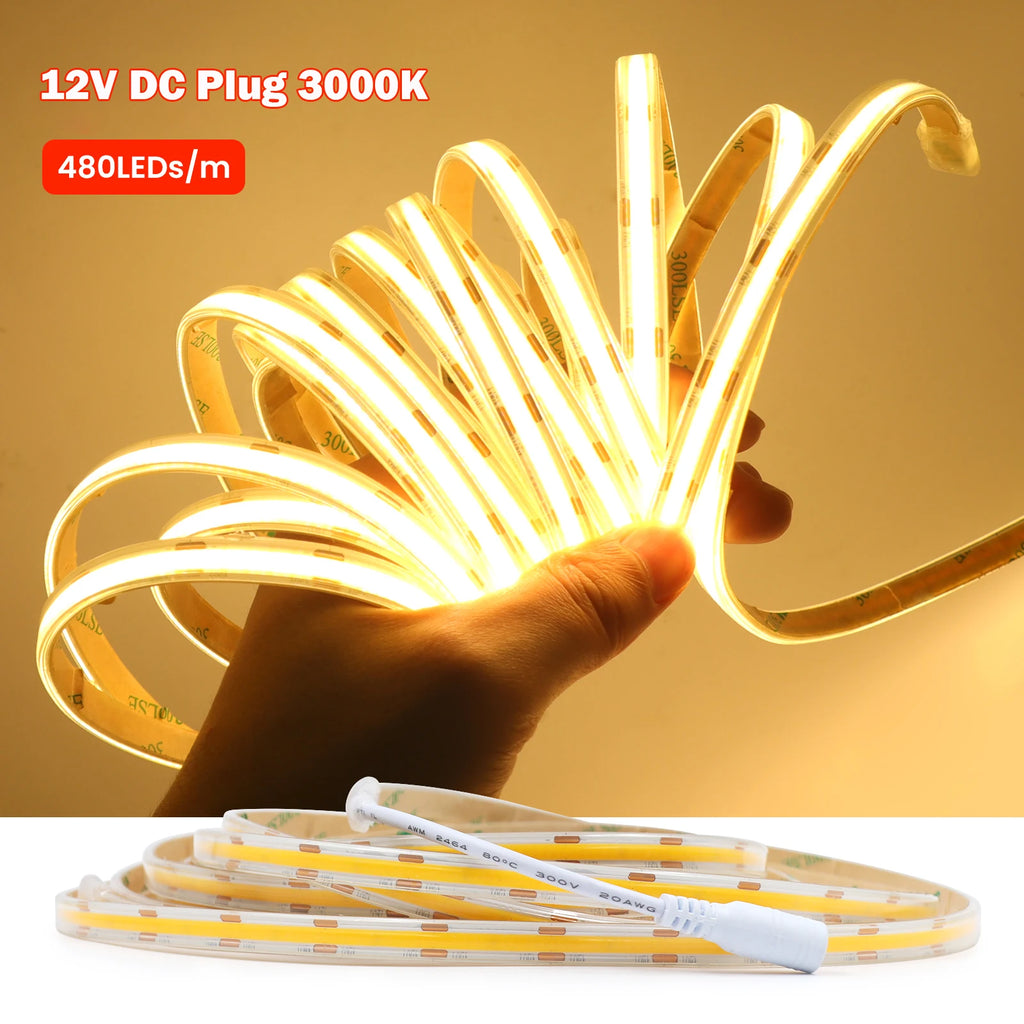 IP67 Waterproof 12/24V COB LED Strip Light 480LED/m Dimmable RA90 LED Lights High Density Flexible Ribbon Tape 3000K 4000K 6000K