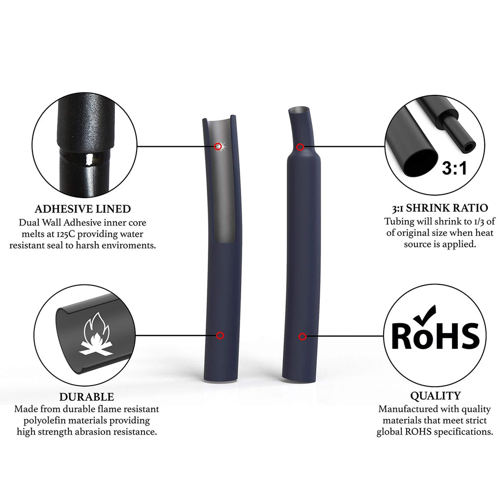 90mm/3.54inch Heat Shrink Tubing Kit 130 Pcs, Ratio 3:1 Adhesive Lined, Dual Wall Tube - Marine Grade, 6 Diameters, Wire Sleeves