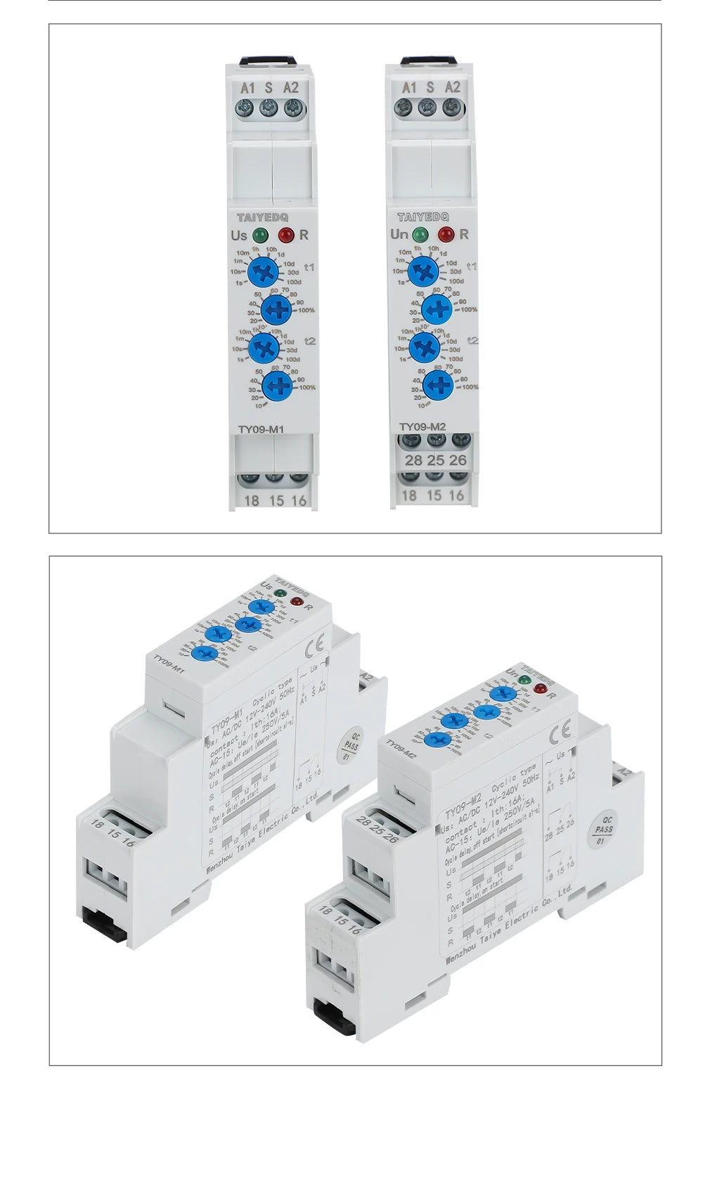 TY09-M1 M2 Cyclic Delay Timer Relay Switch SPDT 220V 16A AC/DC12V-240V 50/60Hz 0.1s-100 Days 2SPDT Din Rail