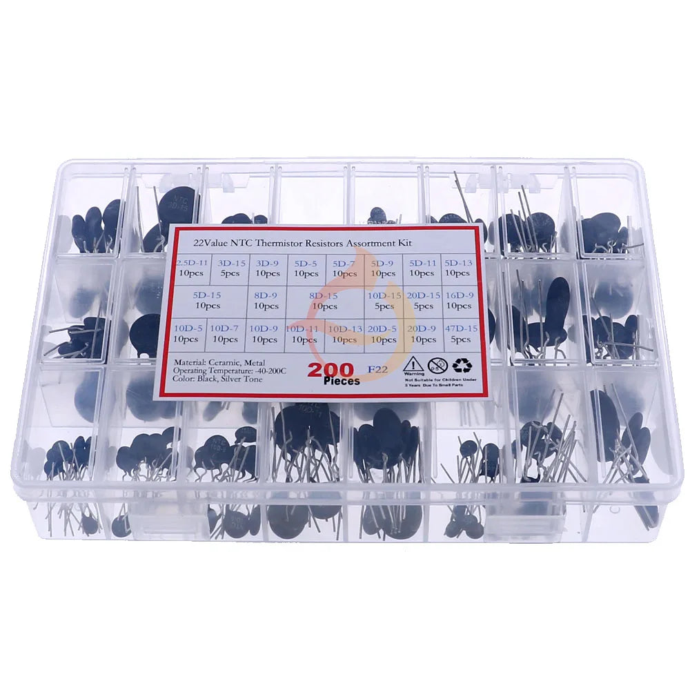 200Pcs 22Value 2.5D/3D/5D/8D/10D/20D/47D-7/9/11/13/15 NTC Thermal Resistor Negative Temperature Coefficient Assorted kit