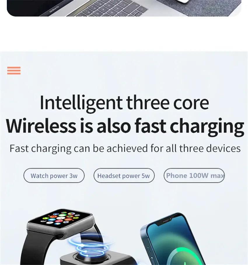 3 in 1 Wireless Charger Stand Fast Charging Dock Station for iPhone 15 14 13 12 11 X 8 Apple Watch 8 7 6 iWatch Airpods Pro
