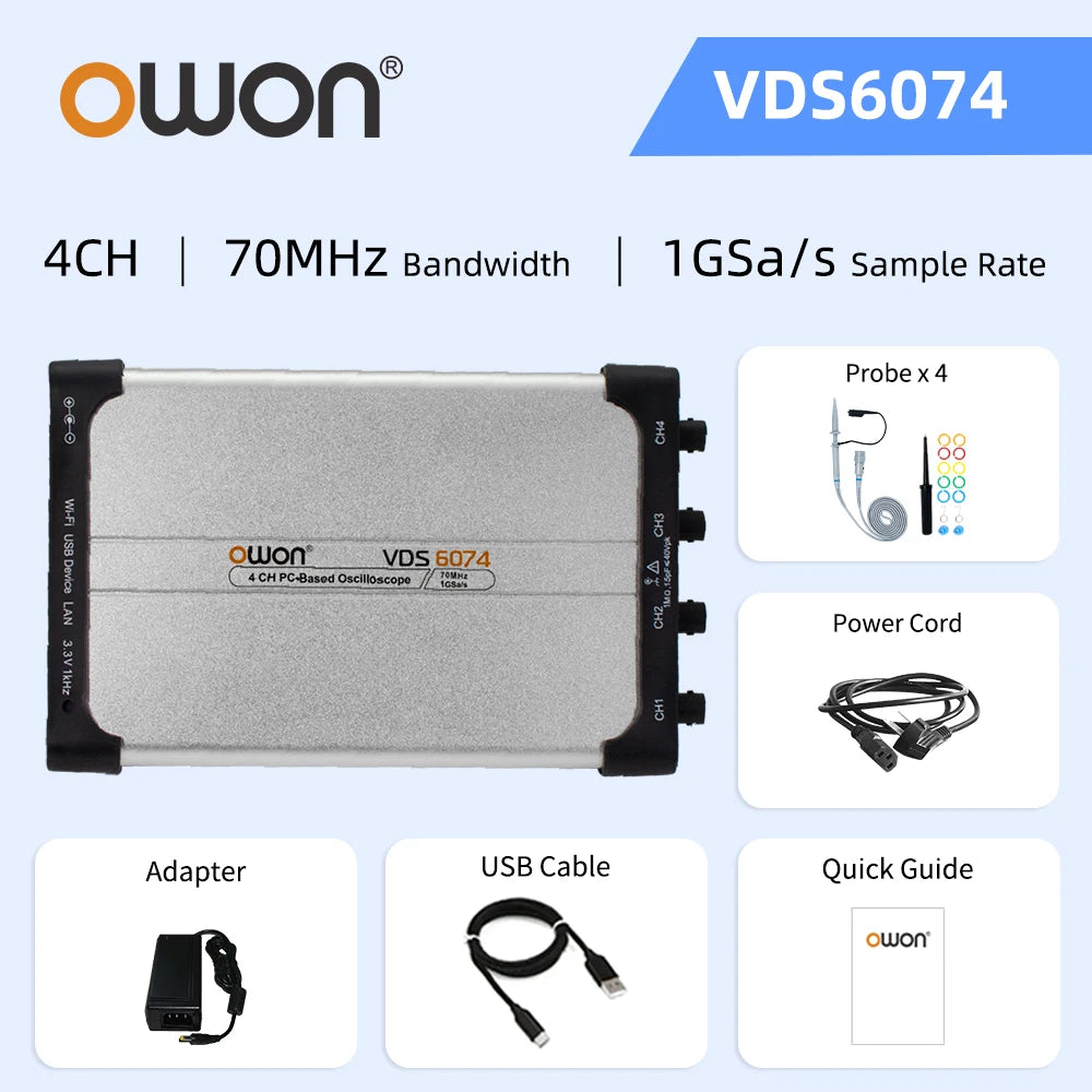 OWON VDS6074 VDS6104 Virtual Digital Oscilloscope 4 Channels 100MHz 1GSa/s WiFi USB LAN Interface Circuit Debug Tester