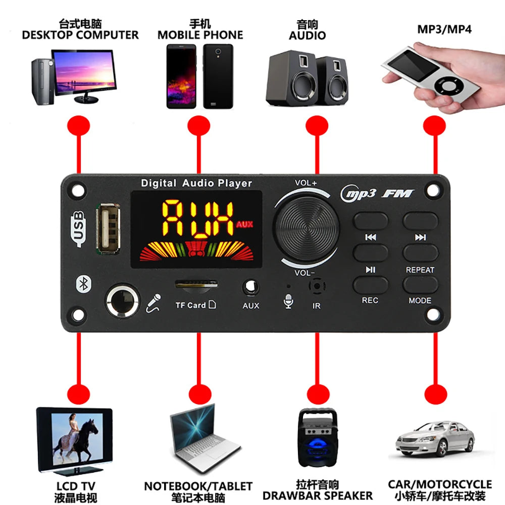 80W Bluetooth MP3 Decoder Board 2*40W Amplifier Audio Player 8V-24V DIY MP3 Player Car FM Radio Module TF/USB/Mic/Record Call