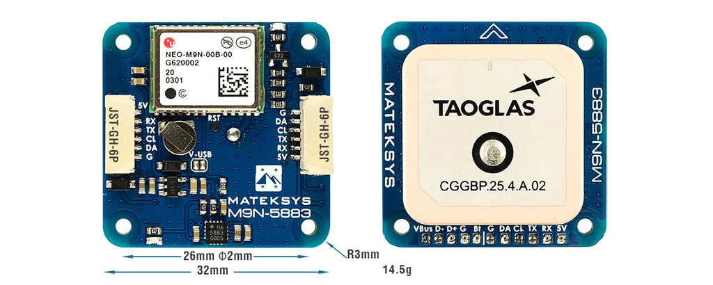 Mateksys M9N‑5883 GNSS Compass Module NEO‑M9N QMC5883L UART I2C JST‑GH GPS For FPV FC Multirotor Fixed‑Wing Drone