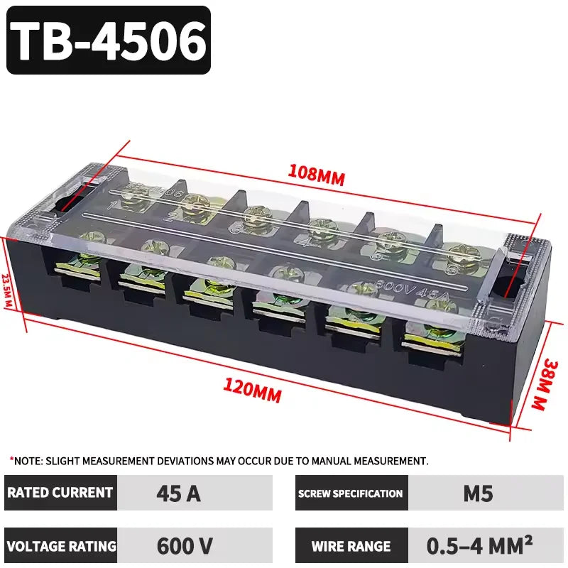 TB1503 TB2503 TB4512 Screw Terminal Block Barrier Strip 15A 25A 45A Wire Connector with Flame Retardant PC Cover for DIN Rail