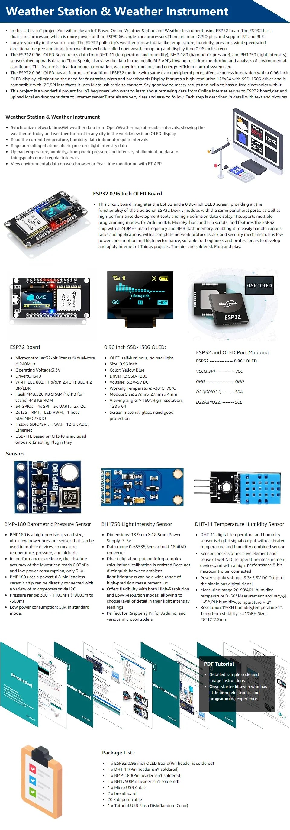 ESP32 Weather Station Weather Instrument Kit WiFi+BT Integrated 0.96'' OLED DHT-11 BMP-180 BH1750 Sensor for Arduino IoT Starter