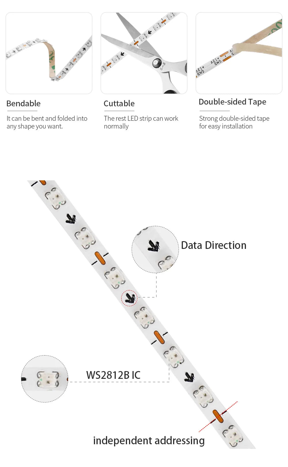 DC5V/12V RGB Dream Color Changing LED Strip Lights WS2812 2020 Ultra Narrow 2.7mm 160Leds/m Smart Individually Addressable Digit