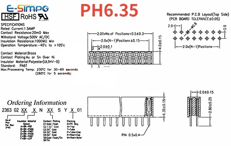 10pcs 2.0mm Double Row Straight Female 2-40P Pin Header Socket Connector 2x2-25Pin PH=4.3/6.35/2.0MMGold-plated PCB Connector