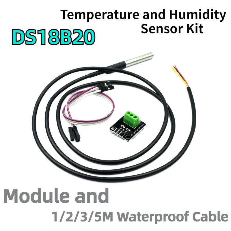 DS18B20 Temperature Sensor Module Kit Waterproof 1M 1-5M Digital Sensor Cable Stainless Steel Probe Terminal Adapter for Arduino