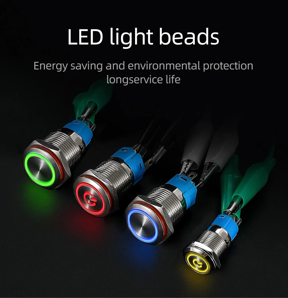 12/16mm Flat LED Illuminated Reset Latching Ring LED Metal Push Button Switch Waterproof On Off with Power Symbol