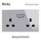 146 13a Reset Toggle Tempered Glass 2Gang UK Socket Switch Combination Panel Power Socket Office Hotel Home Villa Decoration