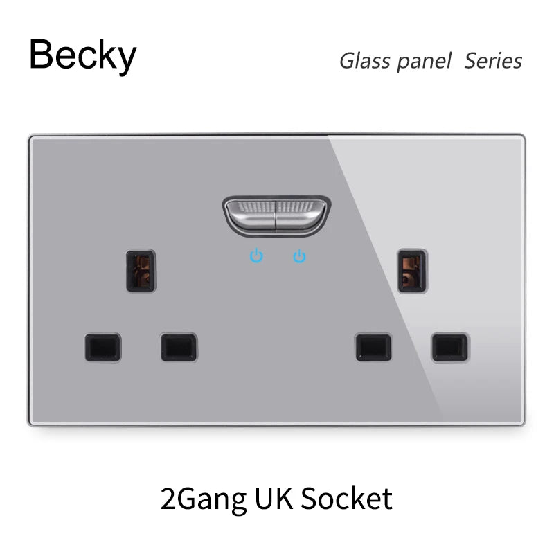 146 13a Reset Toggle Tempered Glass 2Gang UK Socket Switch Combination Panel Power Socket Office Hotel Home Villa Decoration