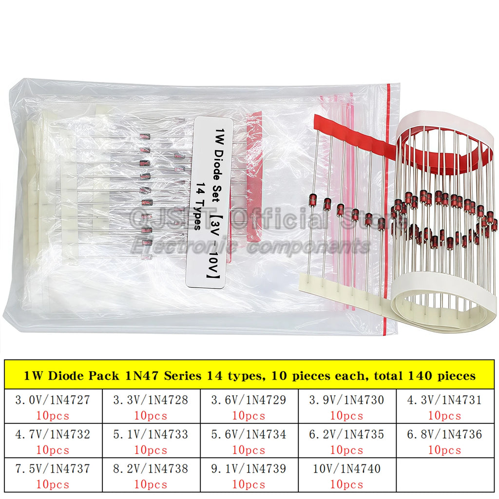 100/140/150pcs DIP Diode Set 1W 3V 3.3v 3.6v 3.9 4.3V-30V Zener Diode Pack IN5408 1N4007 1N4148 1N5819 FR107 IN5399 FR207 IN5822