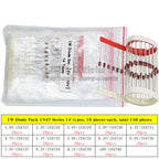100/140/150pcs DIP Diode Set 1W 3V 3.3v 3.6v 3.9 4.3V-30V Zener Diode Pack IN5408 1N4007 1N4148 1N5819 FR107 IN5399 FR207 IN5822