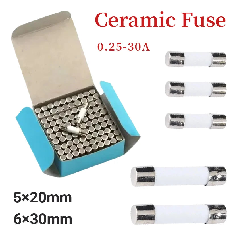 Fast Blow Tube Fuses 250V 0.5A 1A 2A 3A 4A 5A 6A 6.3A 8A 10A 15A 20A 25A 30A AMP Fuse Ceramic Fusible 5×20mm 6×30mm