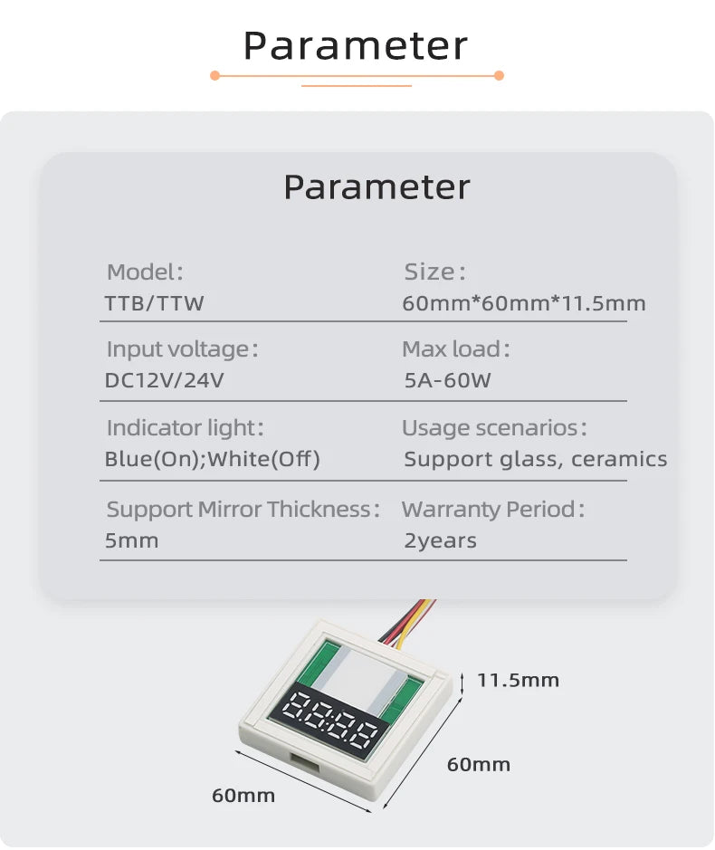 DC12V Touch Dimmer 5A 60W Single-Button Touch Time and Temperature Display LED Sensor Switch, Suitable for Bathroom Mirrors