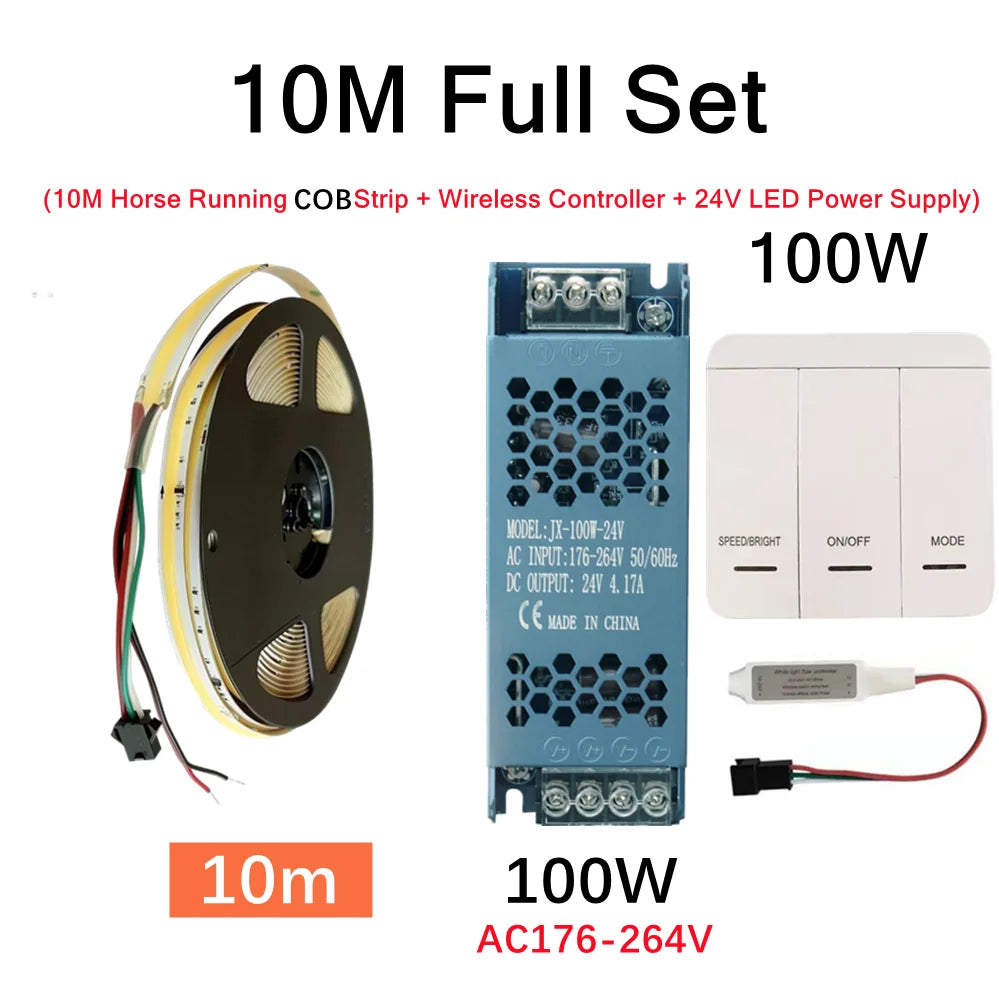 DC24V WS2811 COB LED Light Strip Kit 5M 10M 360LEDs/m Addressable Running Water Flowing Lamp With Wireless Controller Power Kit
