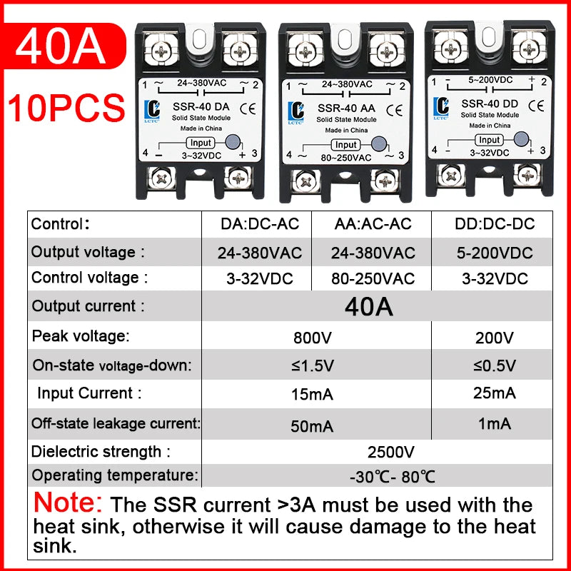 LCTC 10Pcs SSR 10A25A40A50A60a80A100a Solid State Relay DC to AC AC to AC DC to DC Single-phase Relay Zero-crossing Type