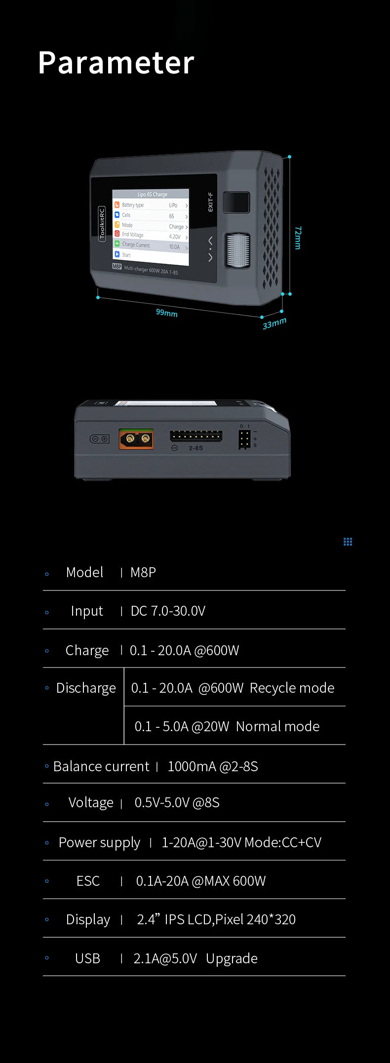 ToolkitRC M8P 1-8S Balance Charger 600W 20A DC Discharger for 1-8S Lipo Battery Charger