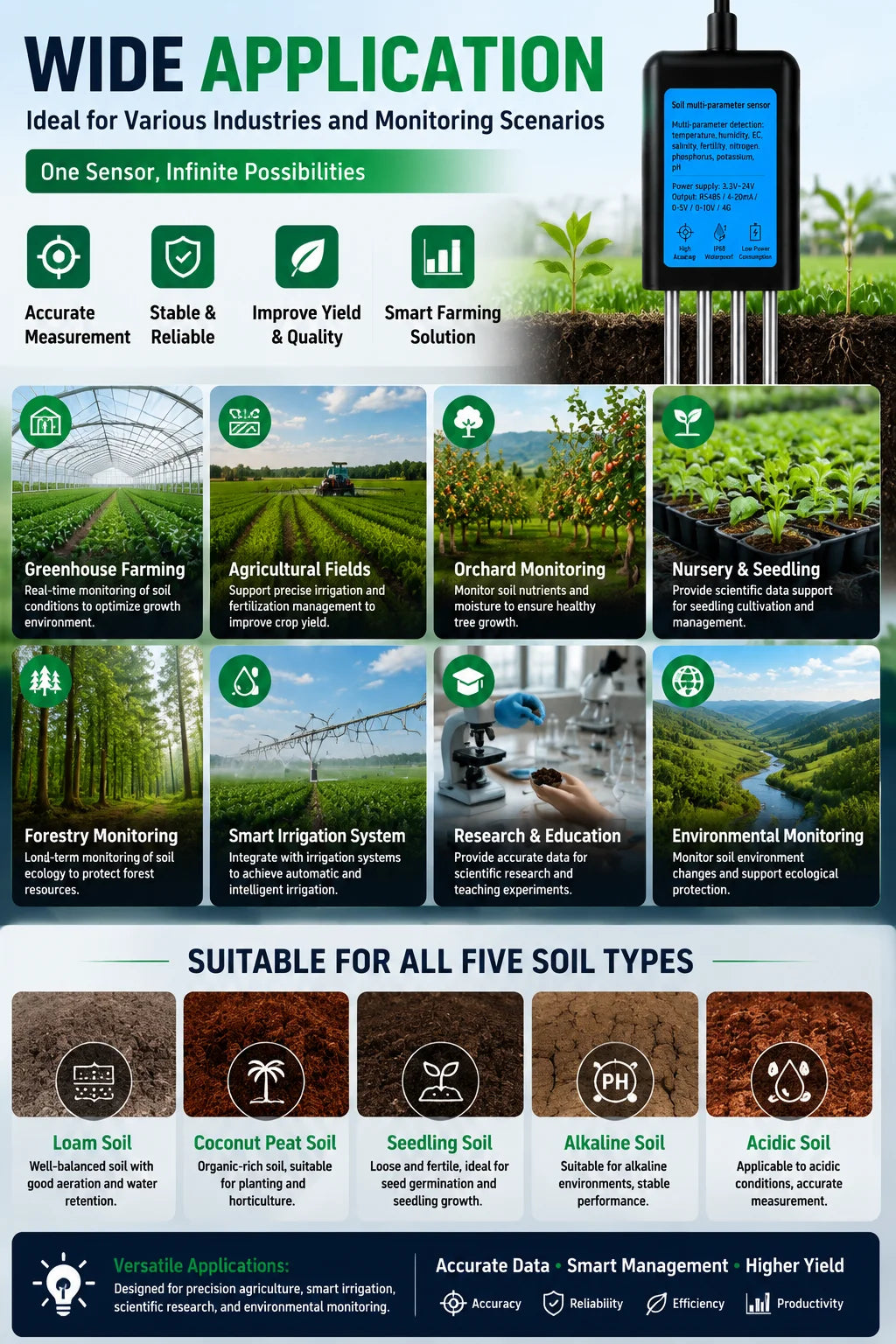 High Precision Agriculture Soil Sensor Moisture Temperature Humidity EC PH NPK with Optional 4-20mA 0-5V RS485 Output