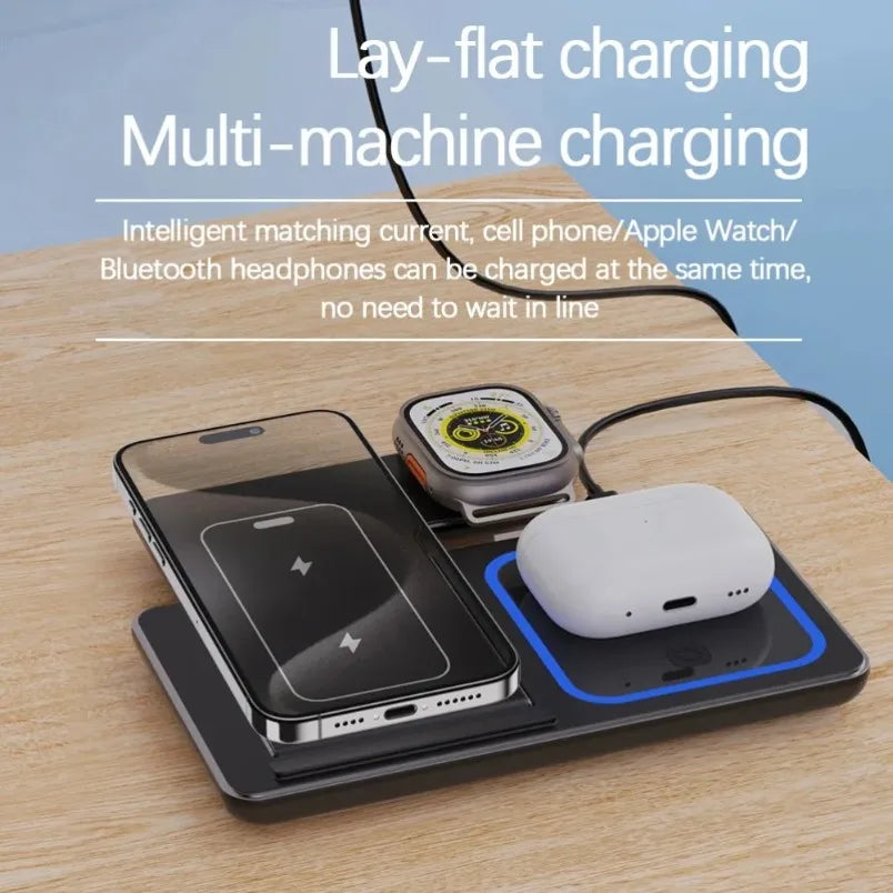 3 in 1 Wireless Charger Stand Foldable 30W LED Fast Charging Station For iPhone 16 15 14 13 12 Apple Watch 9 8 7 6 5 Airpods Pro